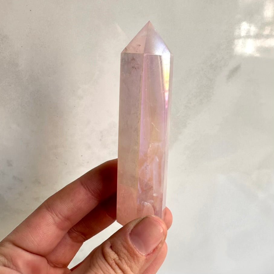 Angel Aura Rose Quartz Tower – Polished Aura Rose Quartz Crystal Point for Love, Peace & Emotional Healing - FairyGardenGlow