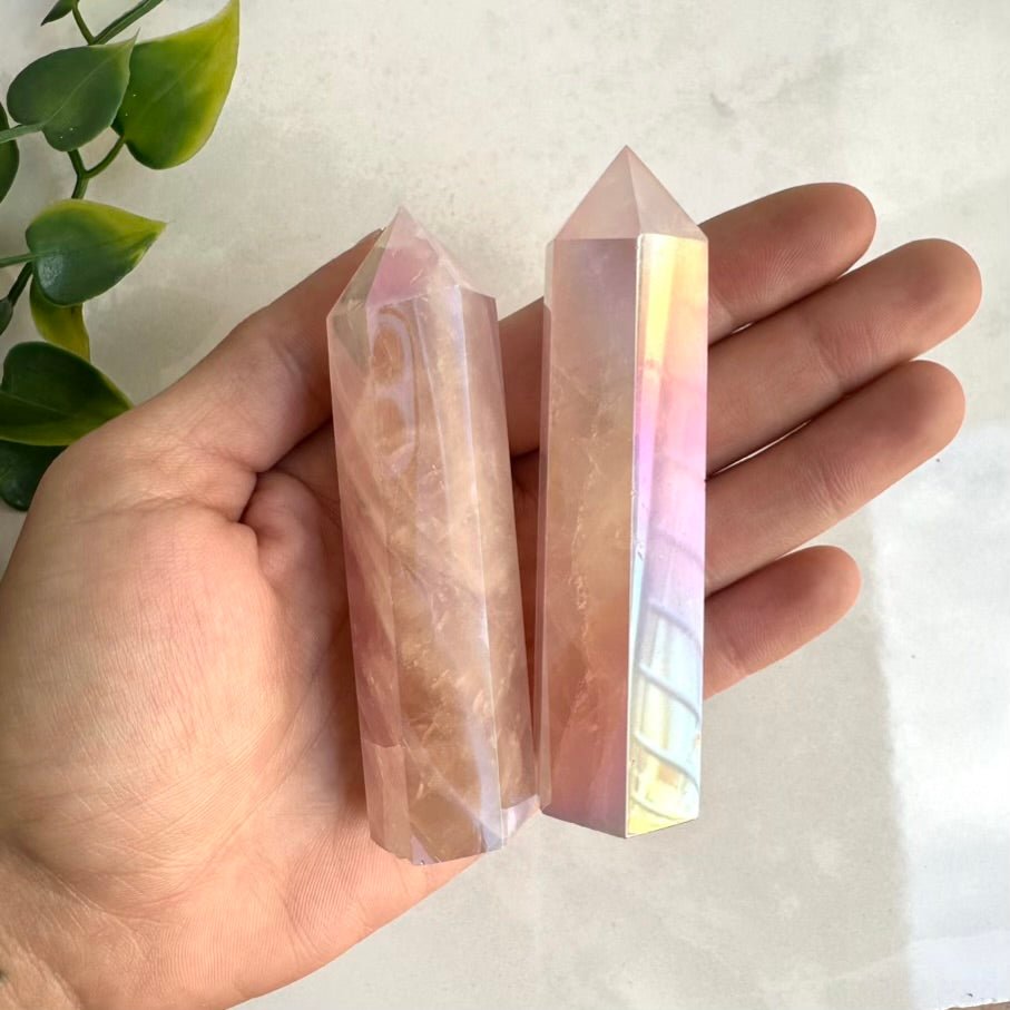Angel Aura Rose Quartz Tower – Polished Aura Rose Quartz Crystal Point for Love, Peace & Emotional Healing - FairyGardenGlow