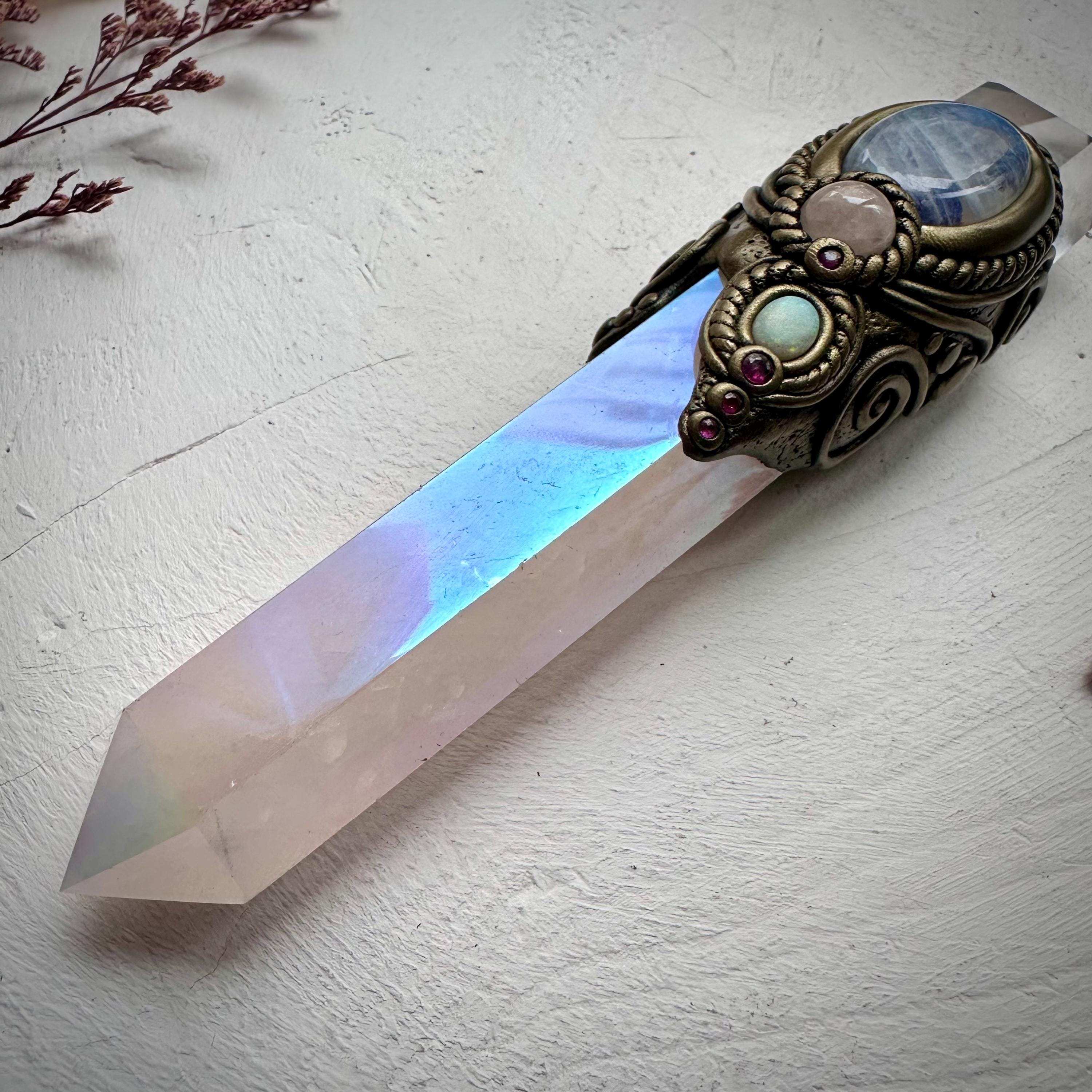 Angel Aura Rose Quartz Wand , Clear Quartz Rainbow Moonstone Morganite Ruby and Australian Opal Wand - FairyGardenGlow