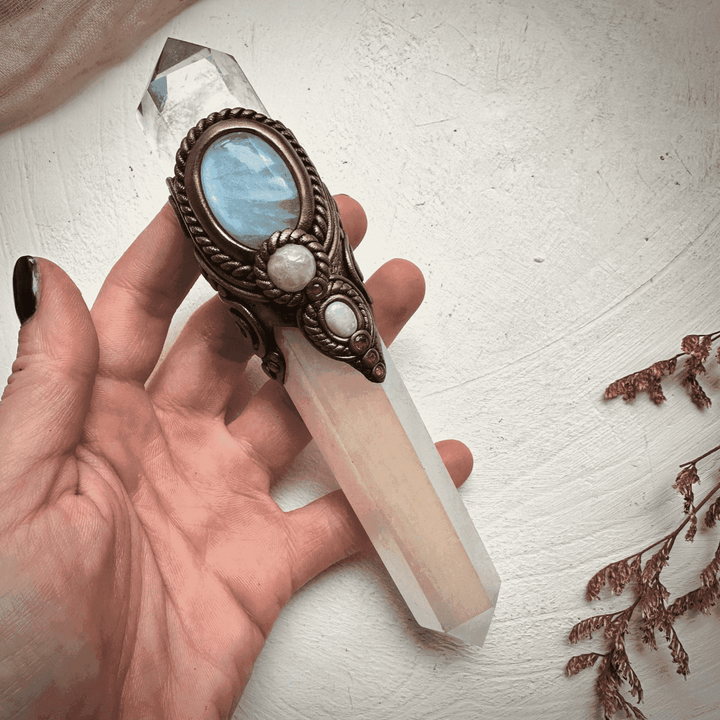 Angel Aura Rose Quartz Wand , Clear Quartz Rainbow Moonstone Morganite Ruby and Australian Opal Wand - FairyGardenGlow