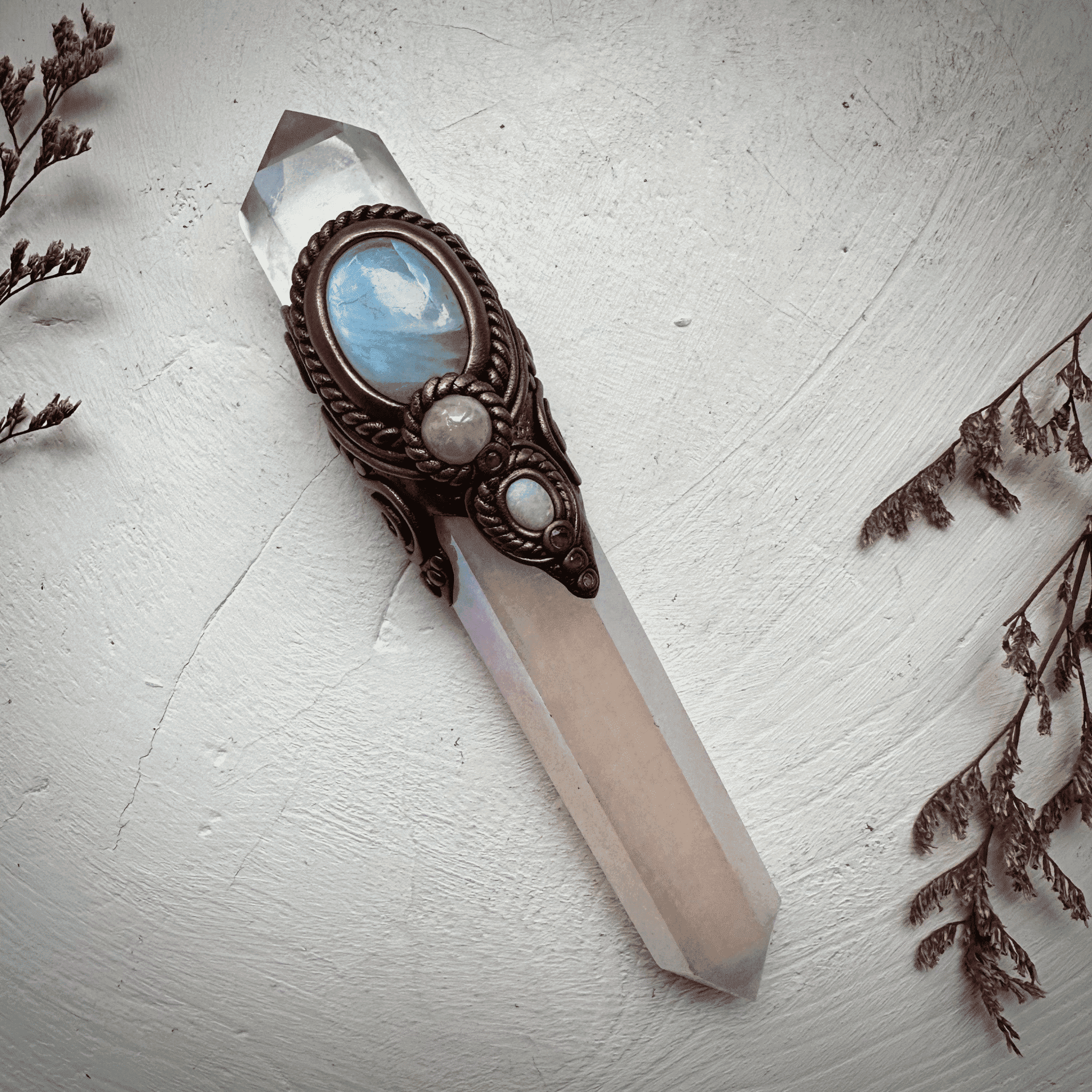 Angel Aura Rose Quartz Wand , Clear Quartz Rainbow Moonstone Morganite Ruby and Australian Opal Wand - FairyGardenGlow