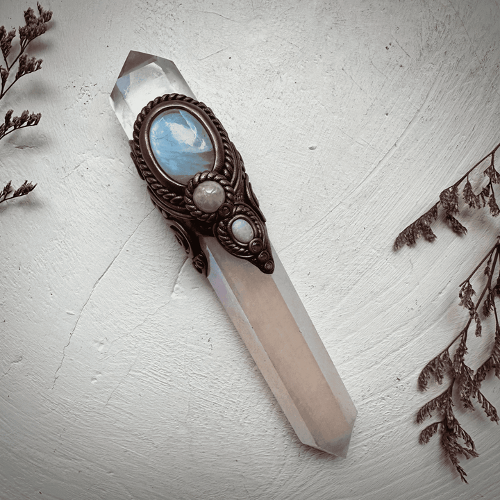 Angel Aura Rose Quartz Wand , Clear Quartz Rainbow Moonstone Morganite Ruby and Australian Opal Wand - FairyGardenGlow