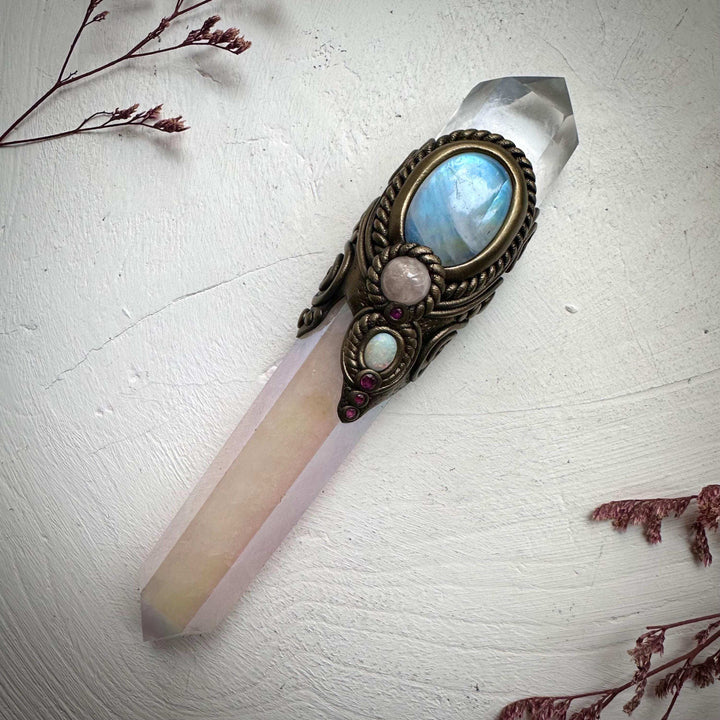 Angel Aura Rose Quartz Wand , Clear Quartz Rainbow Moonstone Morganite Ruby and Australian Opal Wand - FairyGardenGlow