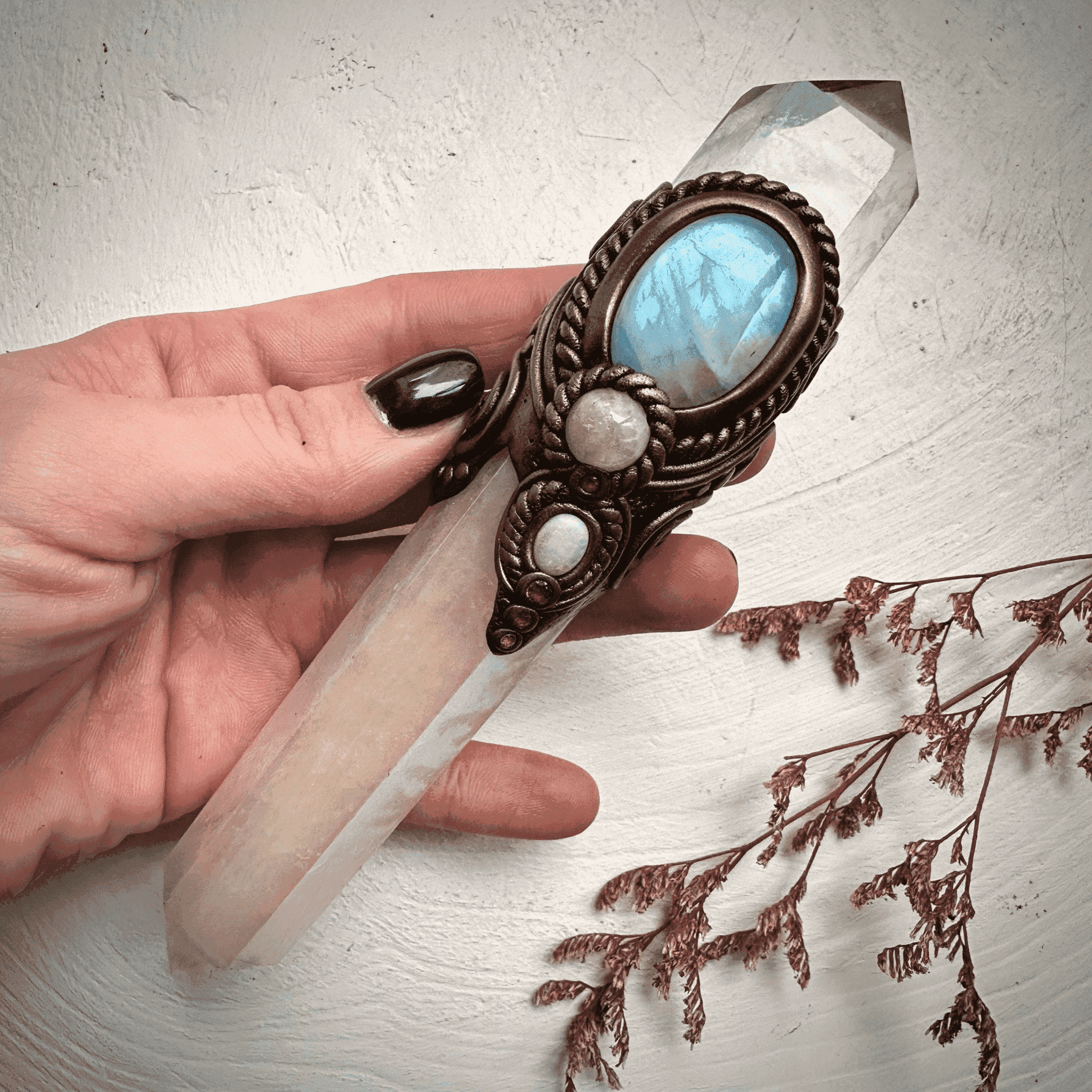 Angel Aura Rose Quartz Wand , Clear Quartz Rainbow Moonstone Morganite Ruby and Australian Opal Wand - FairyGardenGlow