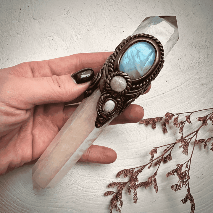 Angel Aura Rose Quartz Wand , Clear Quartz Rainbow Moonstone Morganite Ruby and Australian Opal Wand - FairyGardenGlow