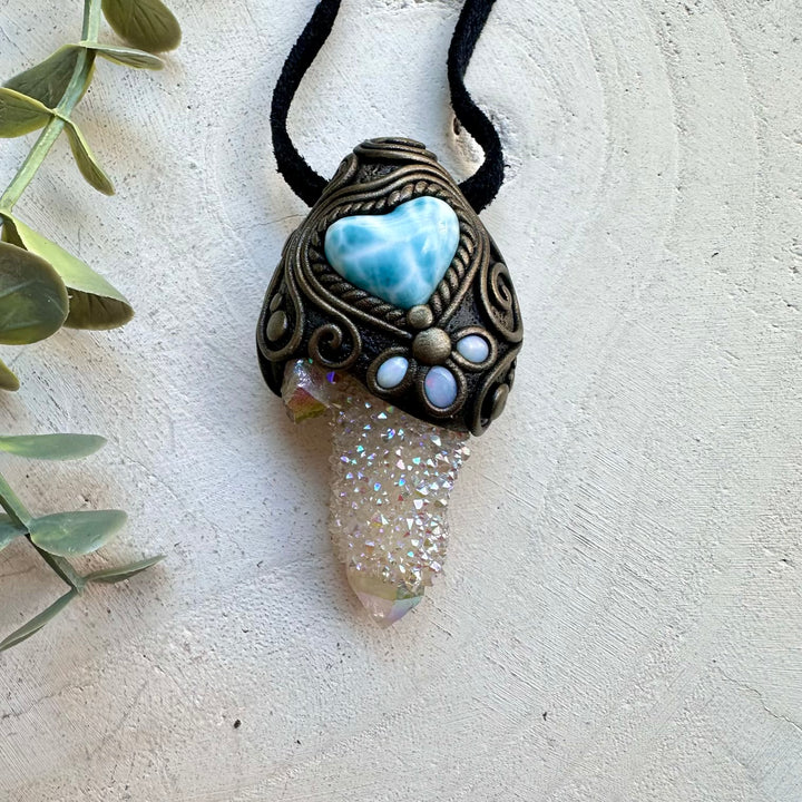 Energy pendant with aura quartz larimar heart and opal