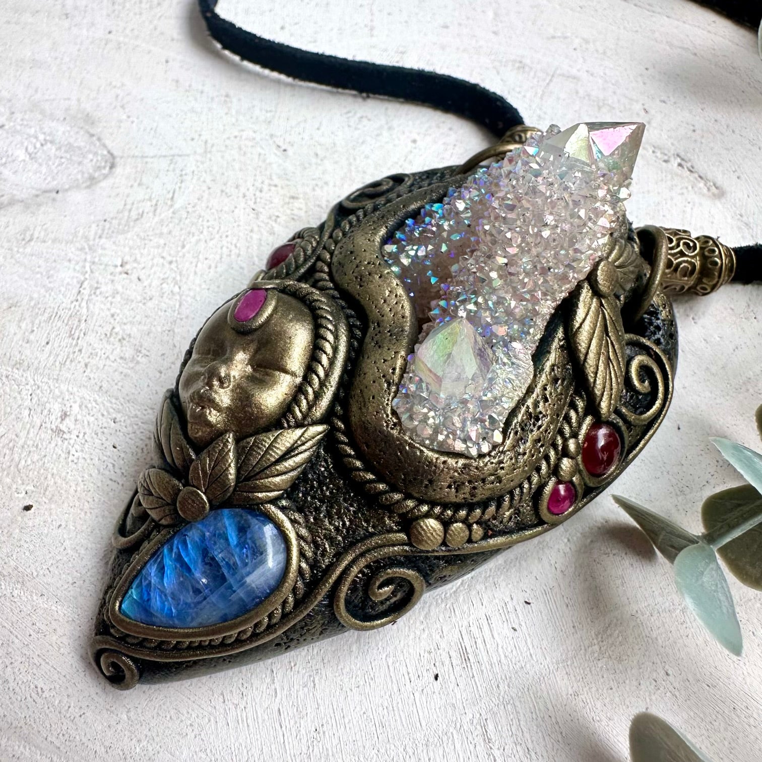 Handmade Goddess Crystal Necklace – Aura Quartz, Rainbow Moonstone & Ruby Pendant Jewelry