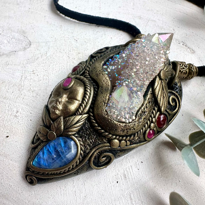 Handmade Goddess Crystal Necklace – Aura Quartz, Rainbow Moonstone & Ruby Pendant Jewelry