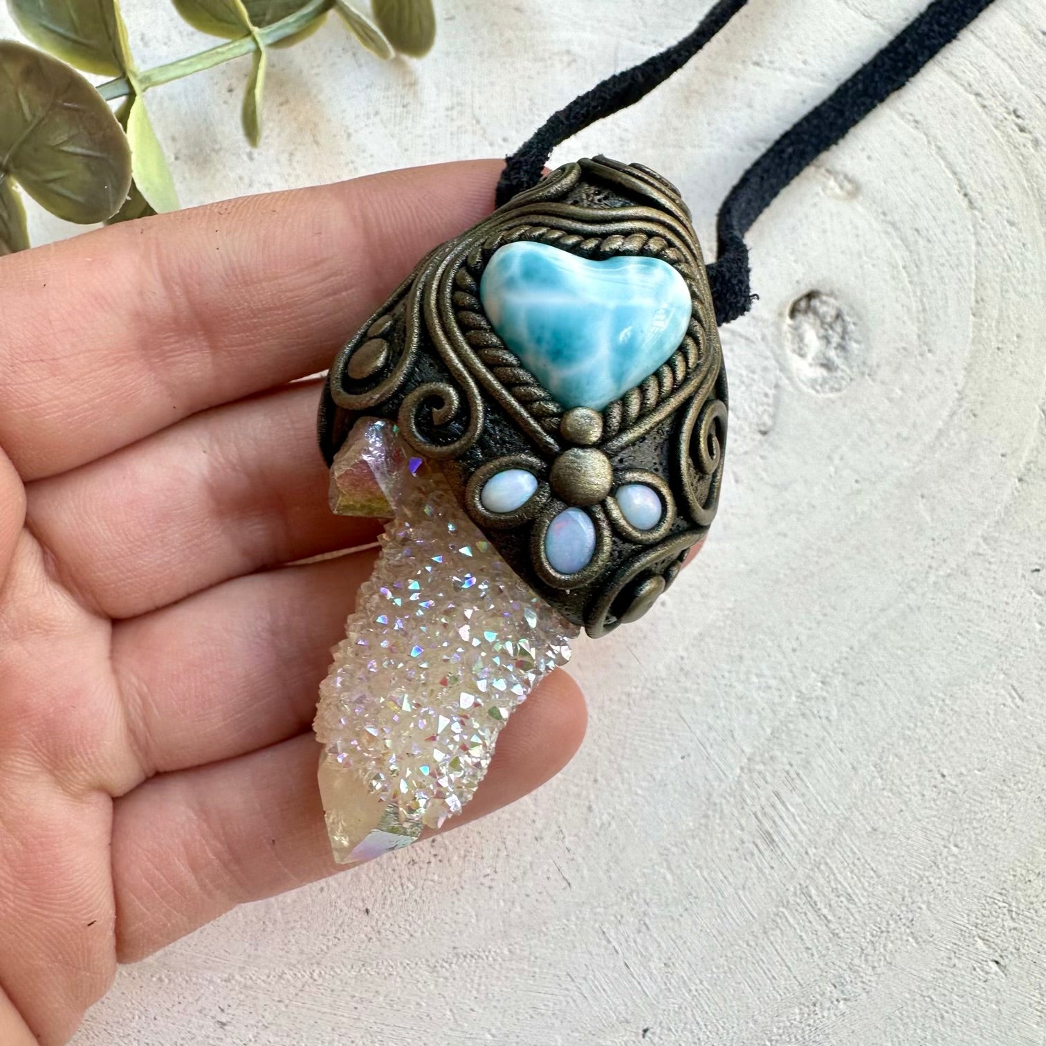 Angel aura spirit quartz with larimar heart and australian opal necklace