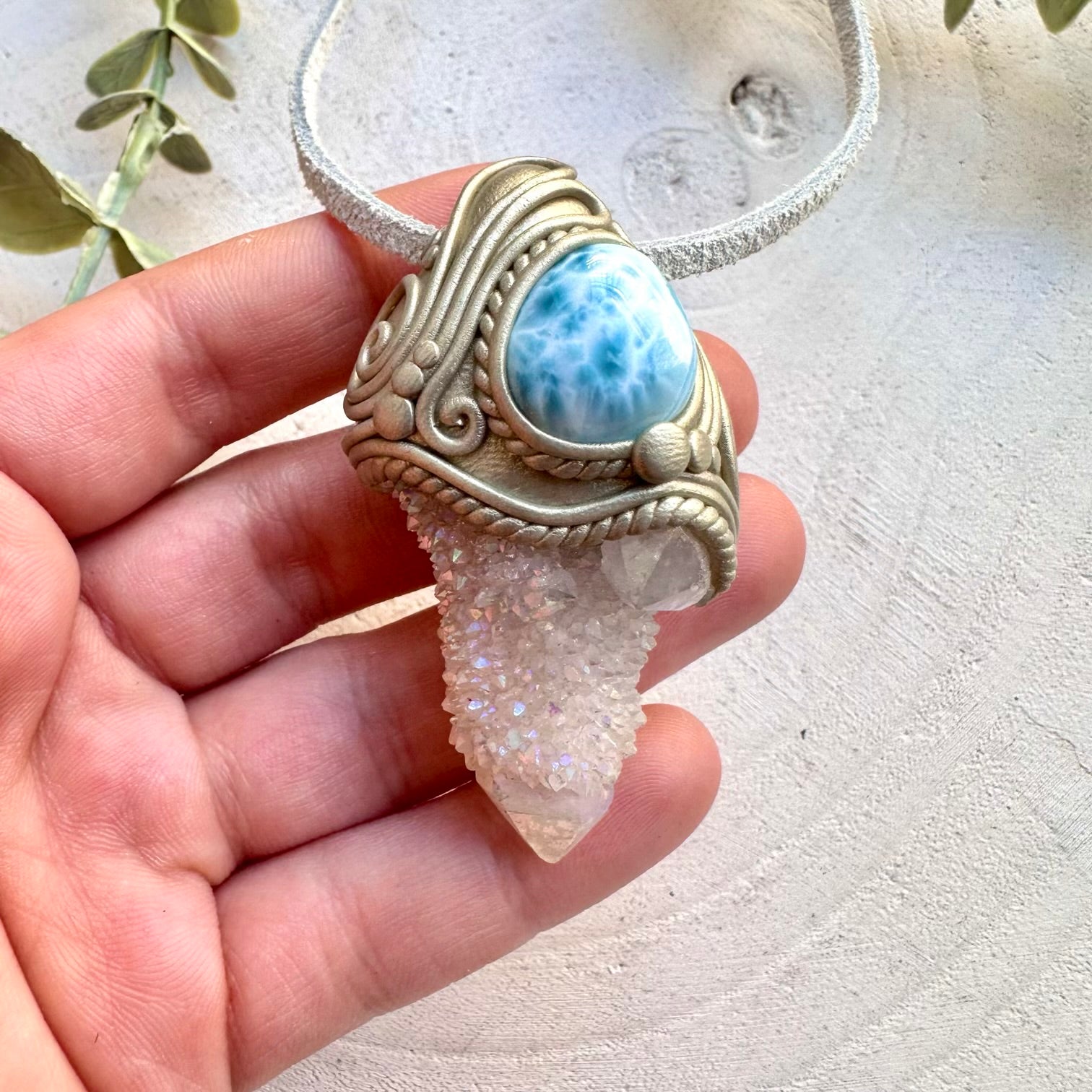 Angel aura spirit quartz and larimar necklace healing crystal pendant