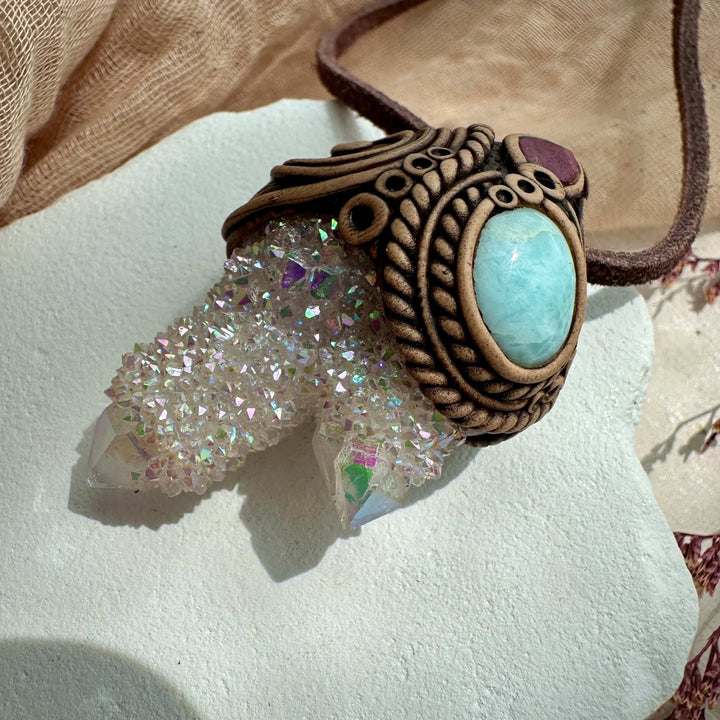 Angel Aura Spirit Quartz Larimar and Ruby Pendant - FairyGardenGlow