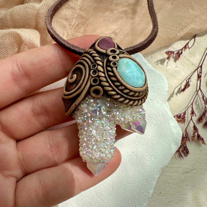 Angel Aura Spirit Quartz Larimar and Ruby Pendant - FairyGardenGlow