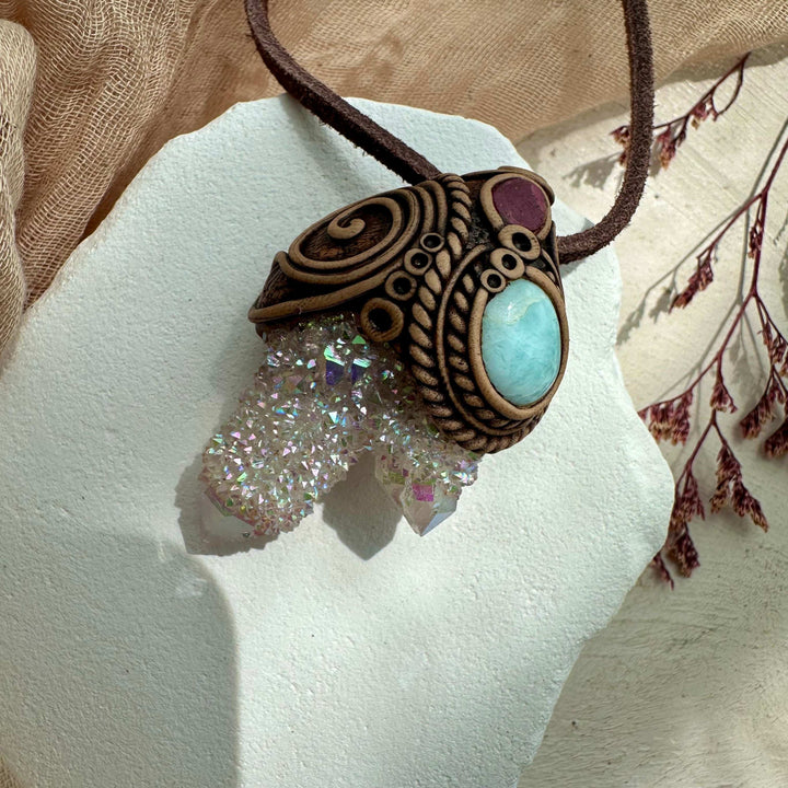 Angel Aura Spirit Quartz Larimar and Ruby Pendant - FairyGardenGlow