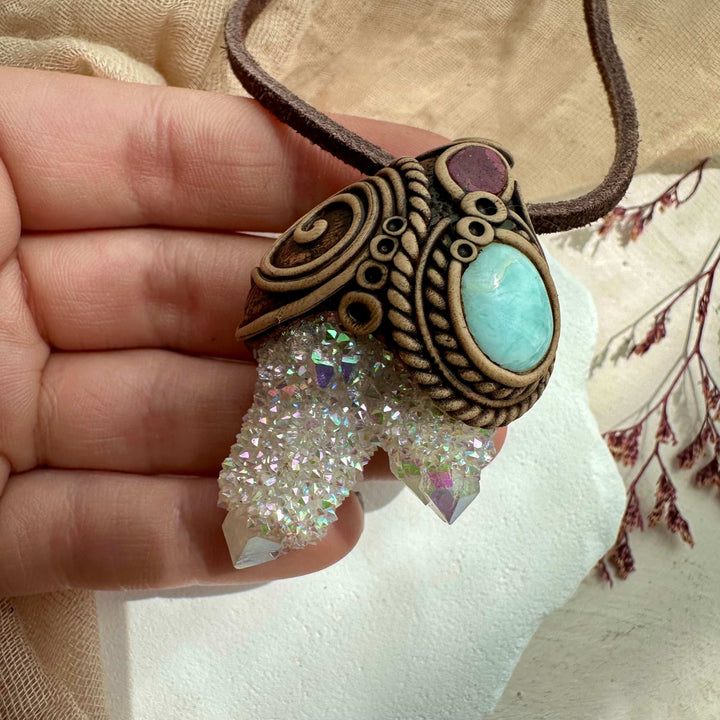 Angel Aura Spirit Quartz Larimar and Ruby Pendant - FairyGardenGlow