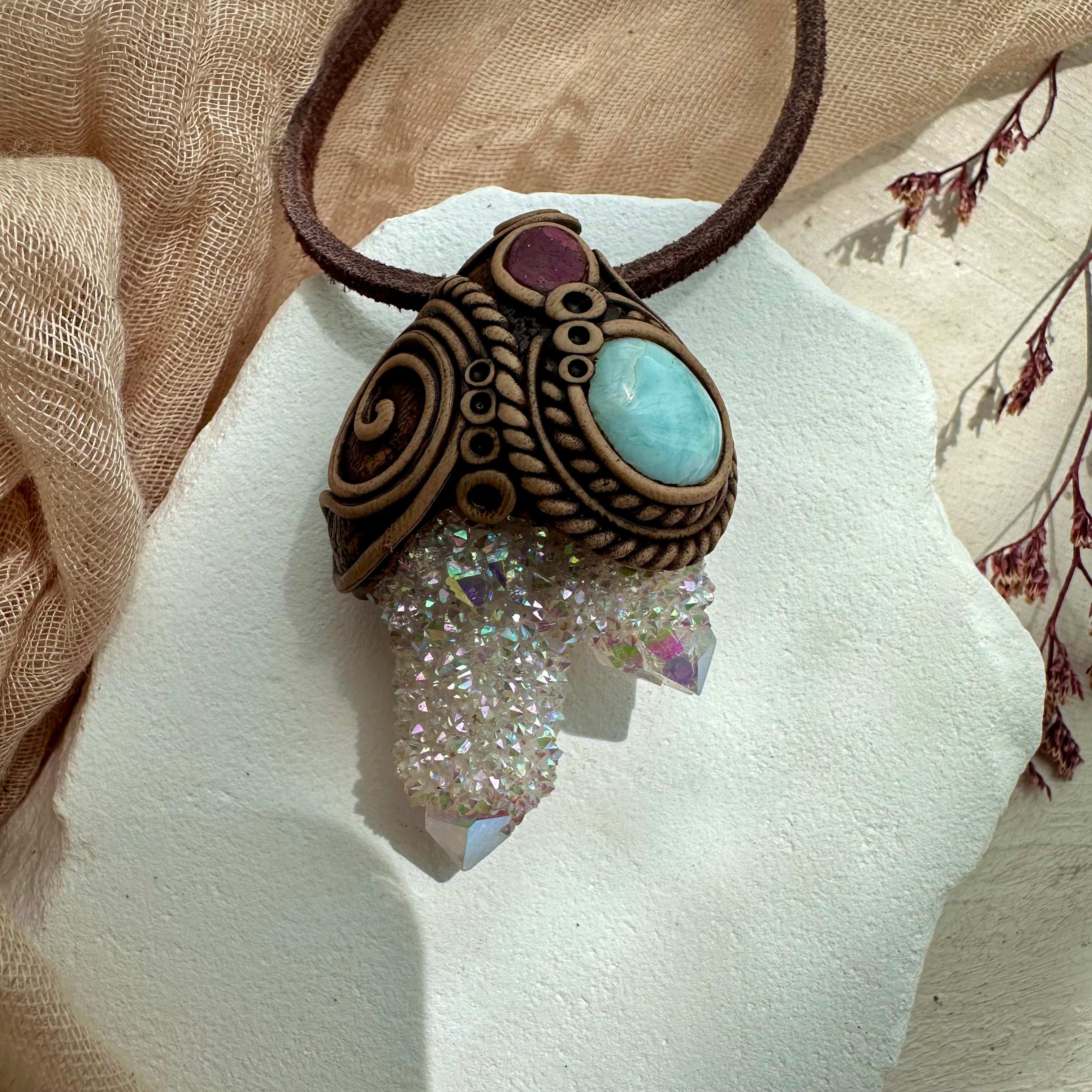 Angel Aura Spirit Quartz Larimar and Ruby Pendant - FairyGardenGlow