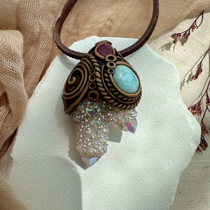 Angel Aura Spirit Quartz Larimar and Ruby Pendant - FairyGardenGlow