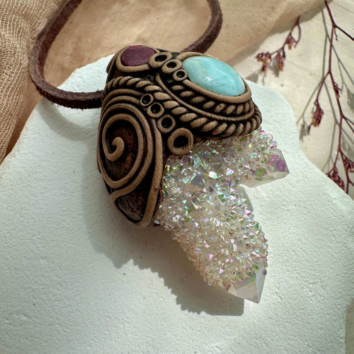 Angel Aura Spirit Quartz Larimar and Ruby Pendant - FairyGardenGlow