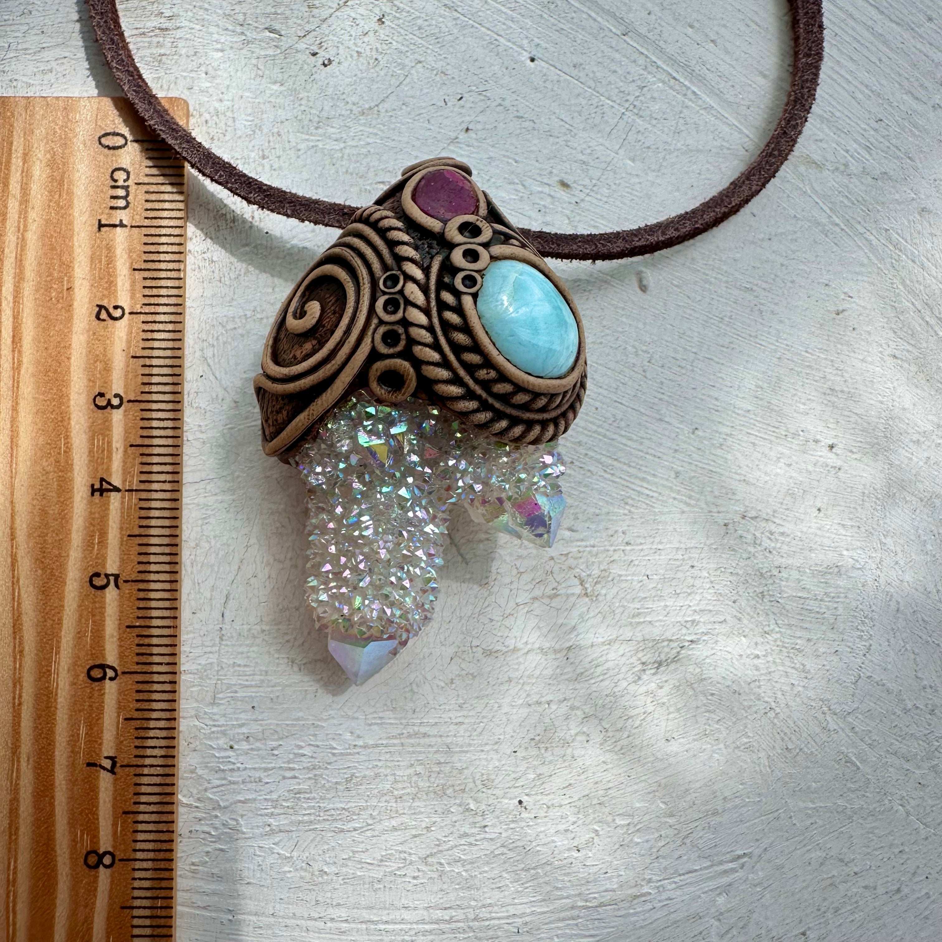 Angel Aura Spirit Quartz Larimar and Ruby Pendant - FairyGardenGlow