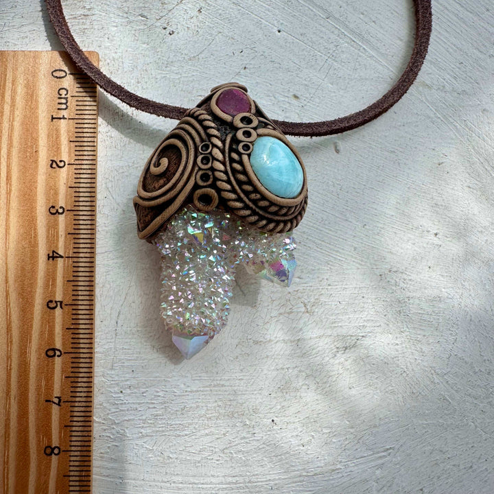 Angel Aura Spirit Quartz Larimar and Ruby Pendant - FairyGardenGlow