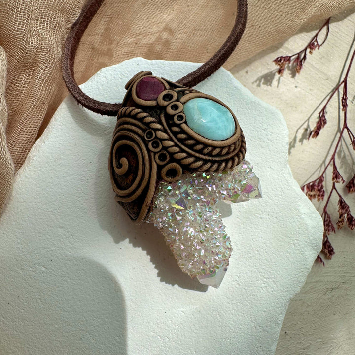 Angel Aura Spirit Quartz Larimar and Ruby Pendant - FairyGardenGlow