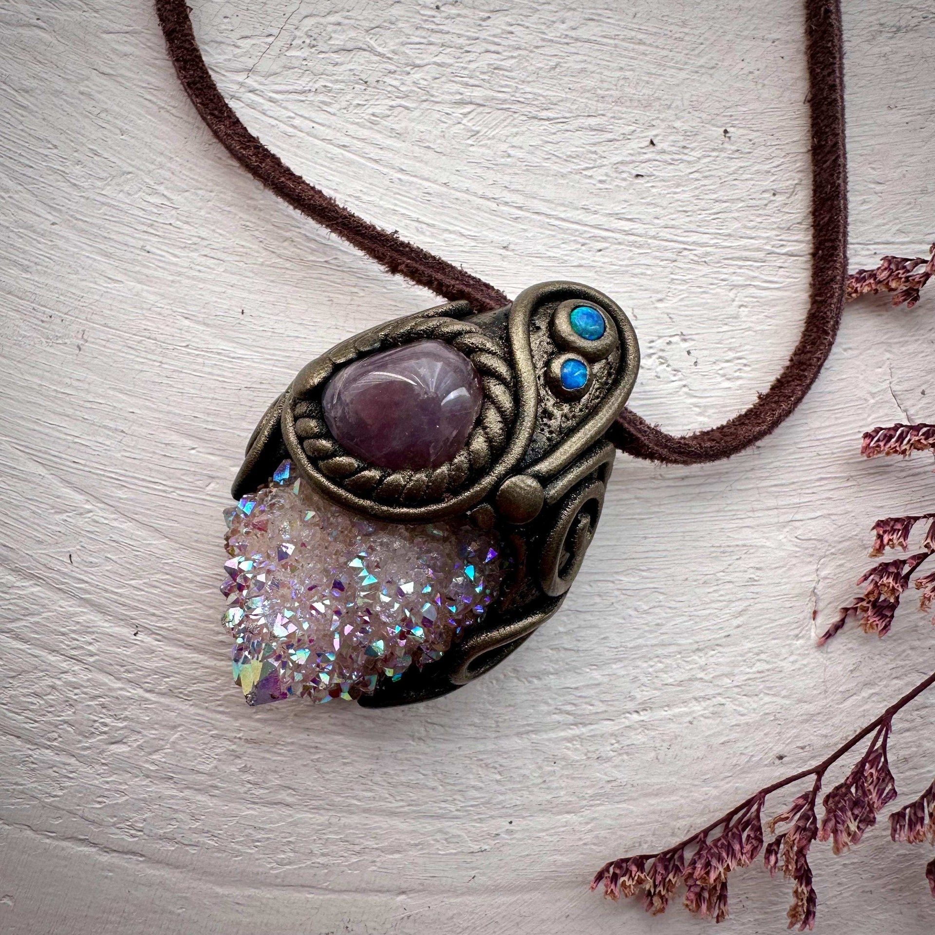 Angel Aura Spirit Quartz Lavender Quartz and Australian Opal Pendant Necklace - FairyGardenGlow