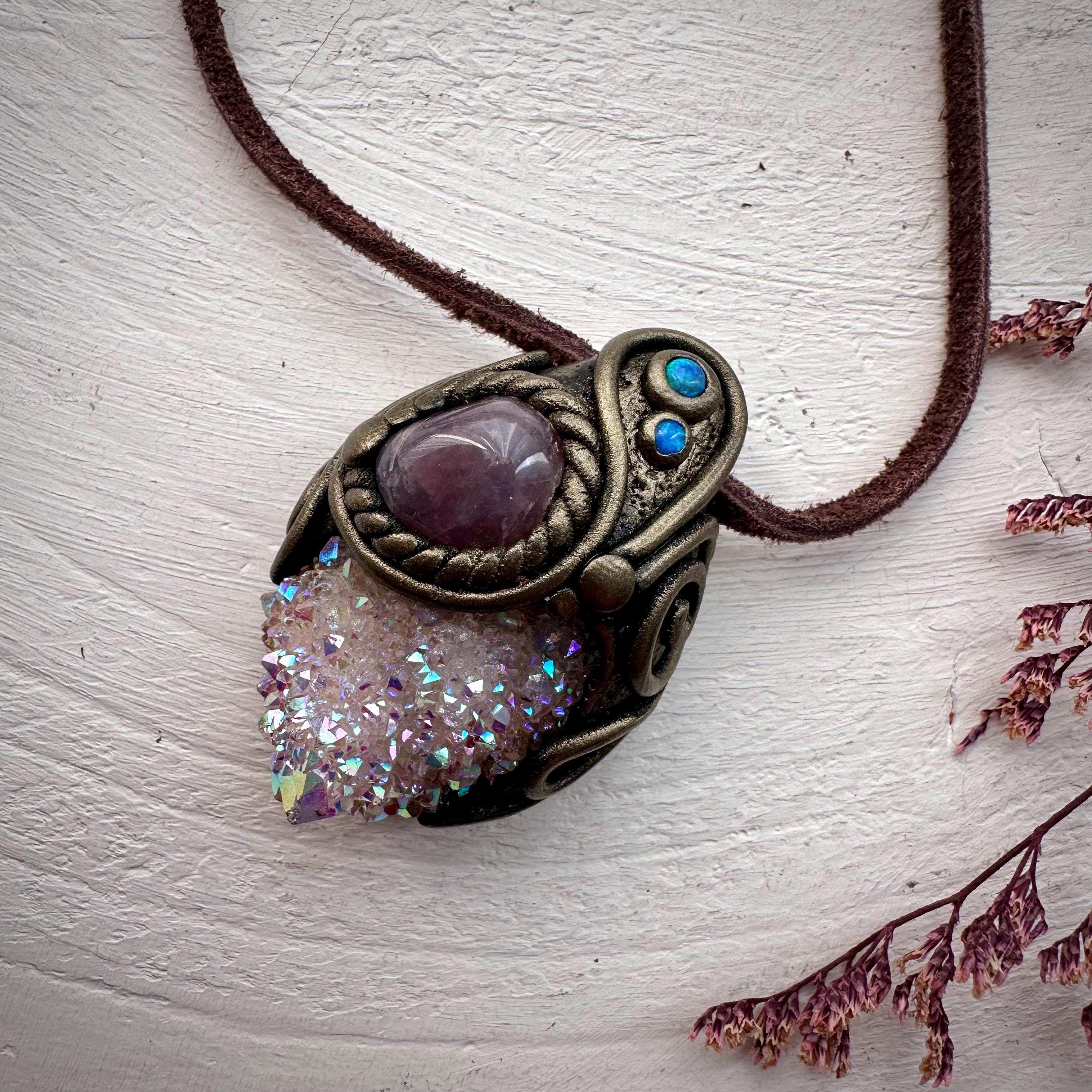Angel Aura Spirit Quartz Lavender Quartz and Australian Opal Pendant Necklace - FairyGardenGlow