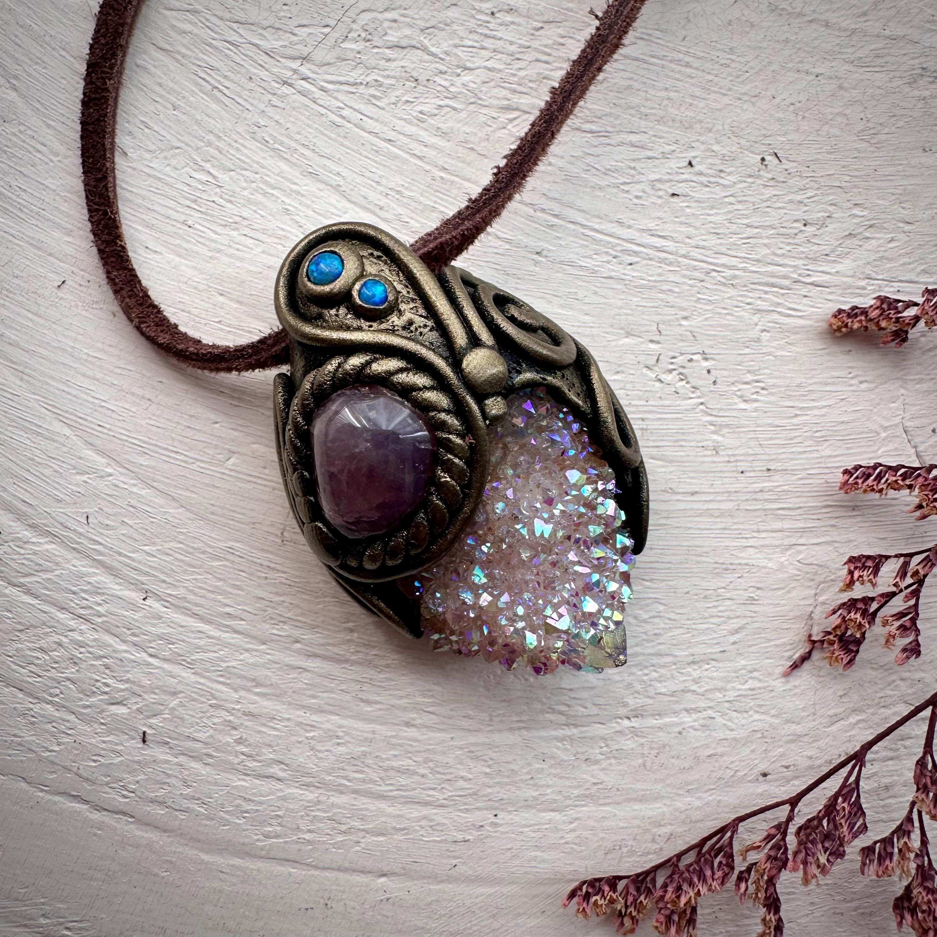 Angel Aura Spirit Quartz Lavender Quartz and Australian Opal Pendant Necklace - FairyGardenGlow