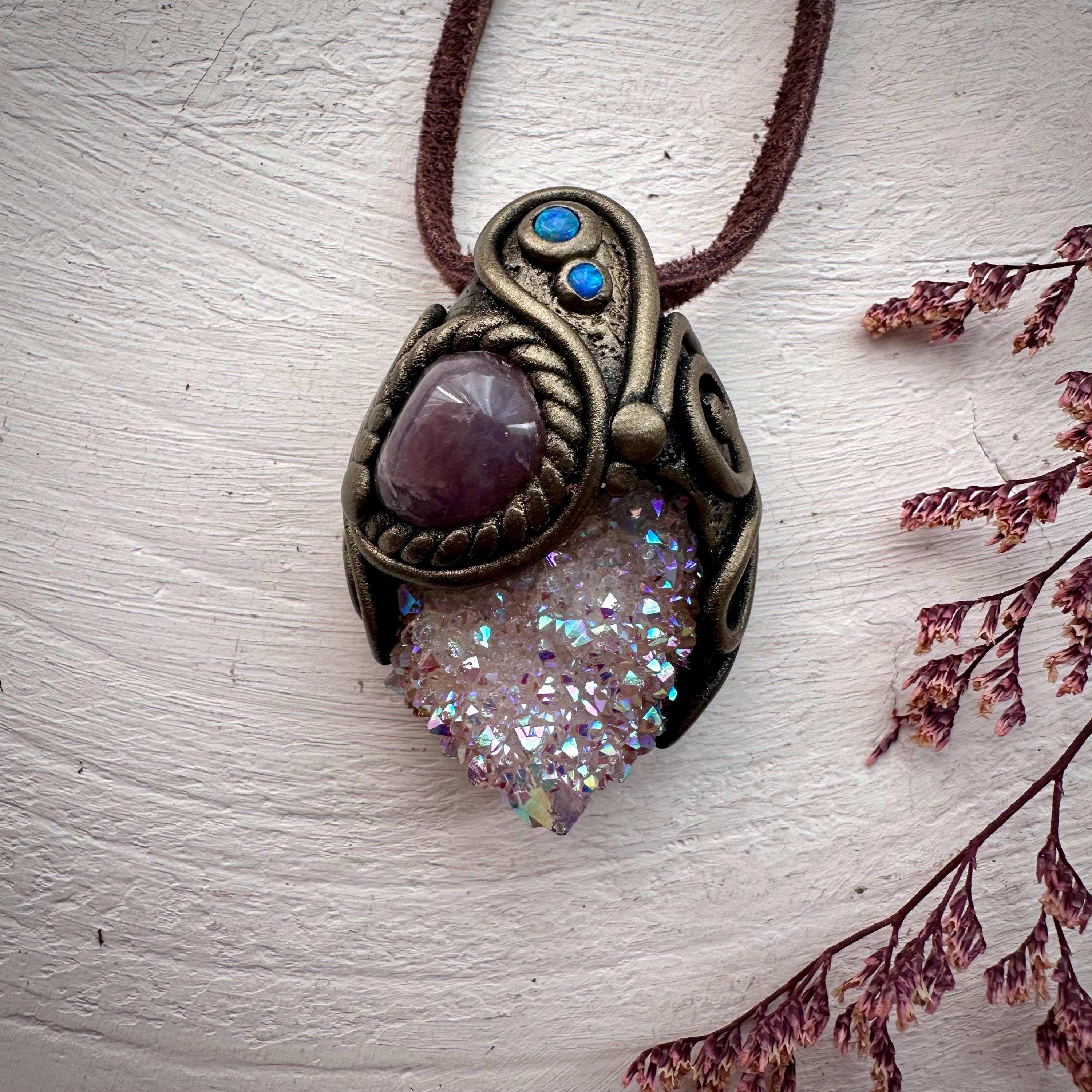 Angel Aura Spirit Quartz Lavender Quartz and Australian Opal Pendant Necklace - FairyGardenGlow