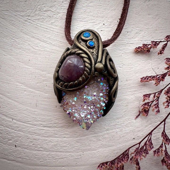 Angel Aura Spirit Quartz Lavender Quartz and Australian Opal Pendant Necklace - FairyGardenGlow