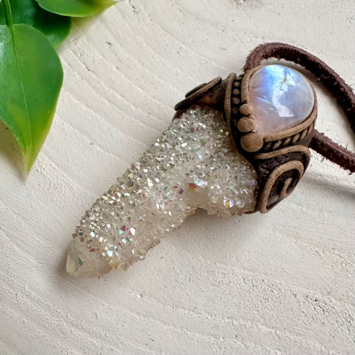 Healing stone pendant crafted with Spirit Quartz and Rainbow Moonstone