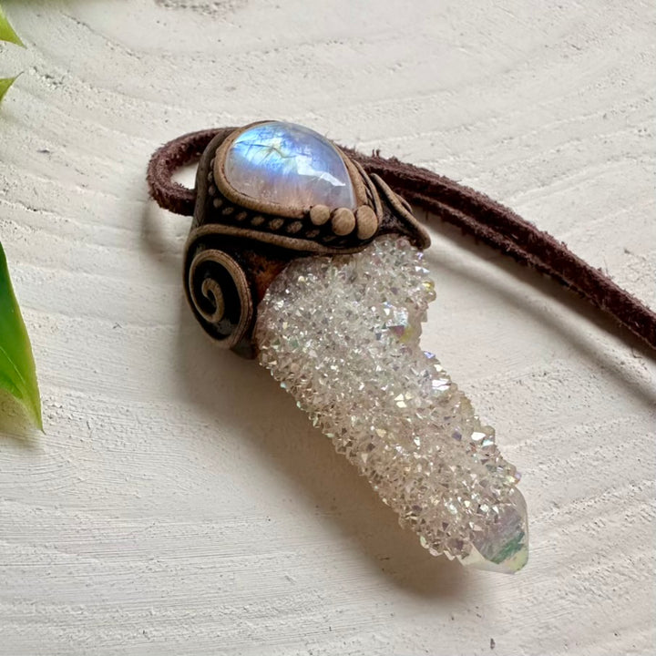 Healing crystal necklace with Spirit Quartz and Rainbow Moonstone