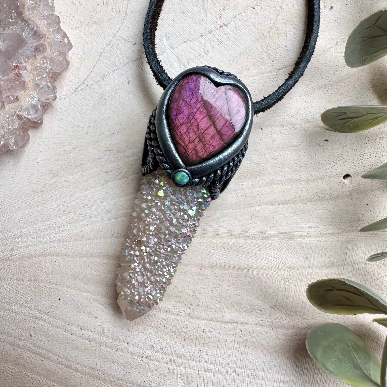 Angel aura spirit quartz pink labradorite heart and opal necklace