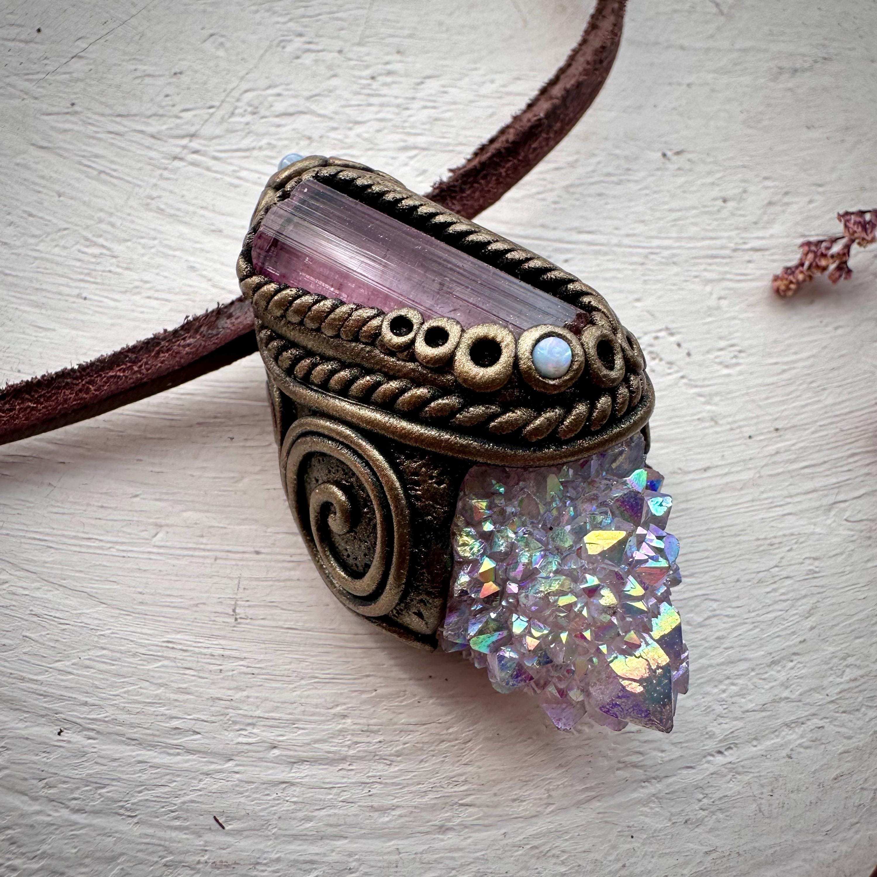 Angel Aura Spirit Quartz Pink Tourmaline and Australian Opal Necklace - FairyGardenGlow