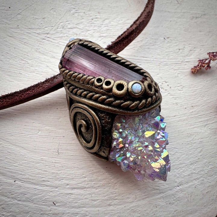Angel Aura Spirit Quartz Pink Tourmaline and Australian Opal Necklace - FairyGardenGlow
