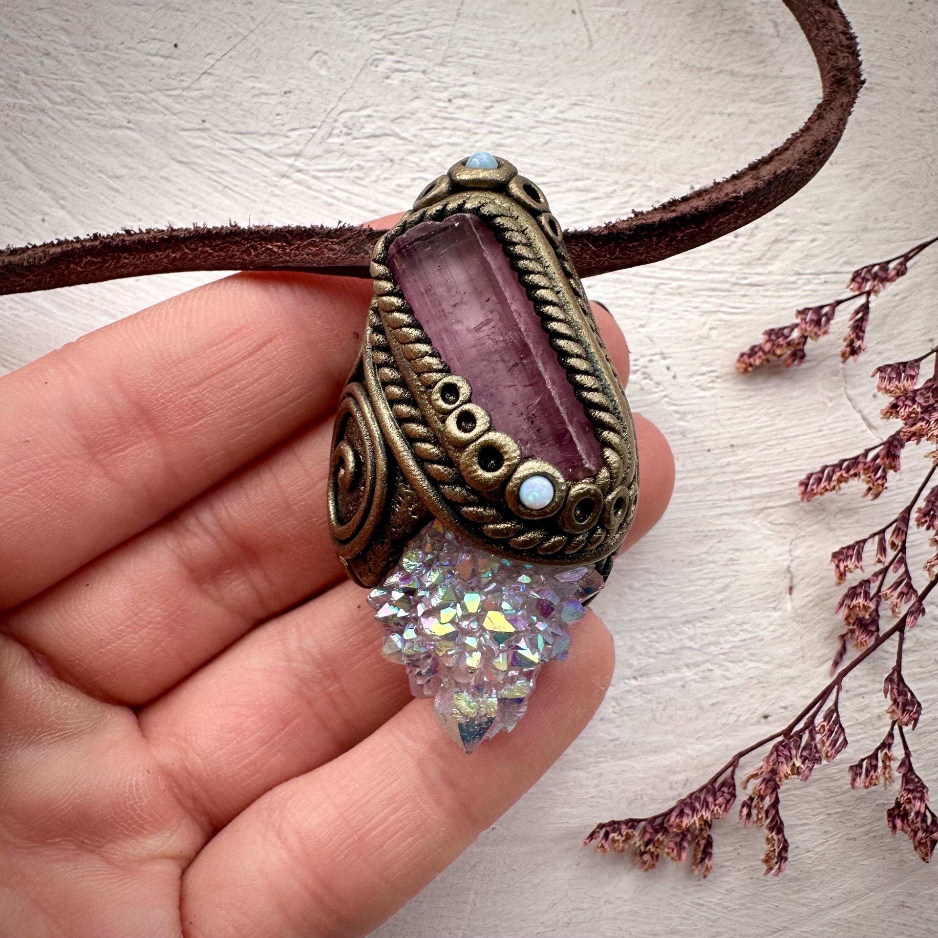 Angel Aura Spirit Quartz Pink Tourmaline and Australian Opal Necklace - FairyGardenGlow