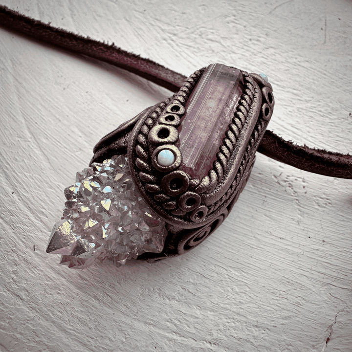Angel Aura Spirit Quartz Pink Tourmaline and Australian Opal Necklace - FairyGardenGlow