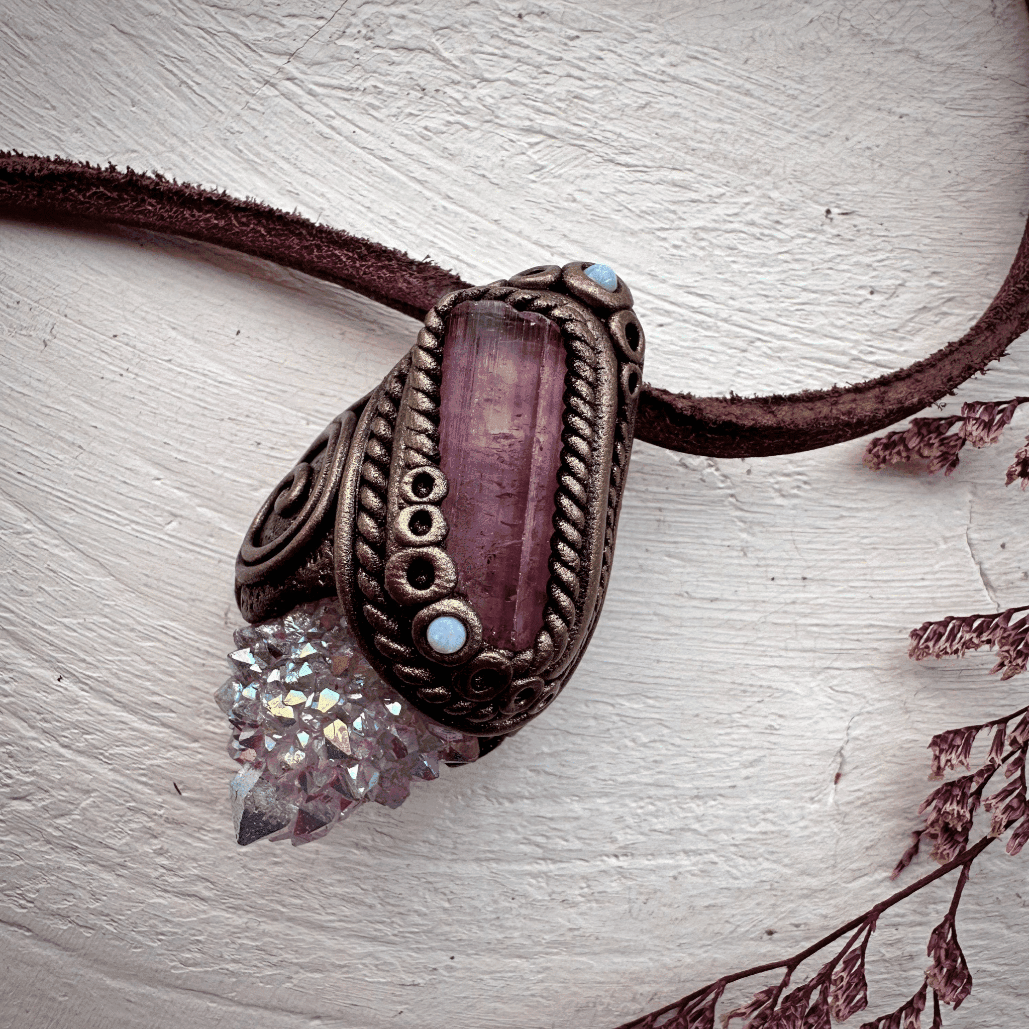 Angel Aura Spirit Quartz Pink Tourmaline and Australian Opal Necklace - FairyGardenGlow