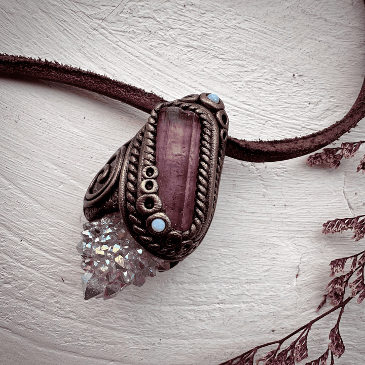 Angel Aura Spirit Quartz Pink Tourmaline and Australian Opal Necklace - FairyGardenGlow