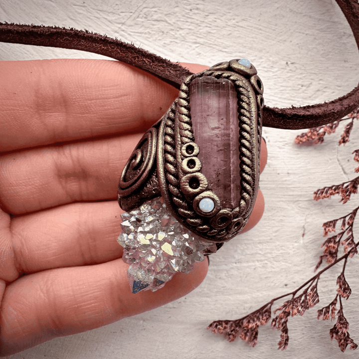 Angel Aura Spirit Quartz Pink Tourmaline and Australian Opal Necklace - FairyGardenGlow