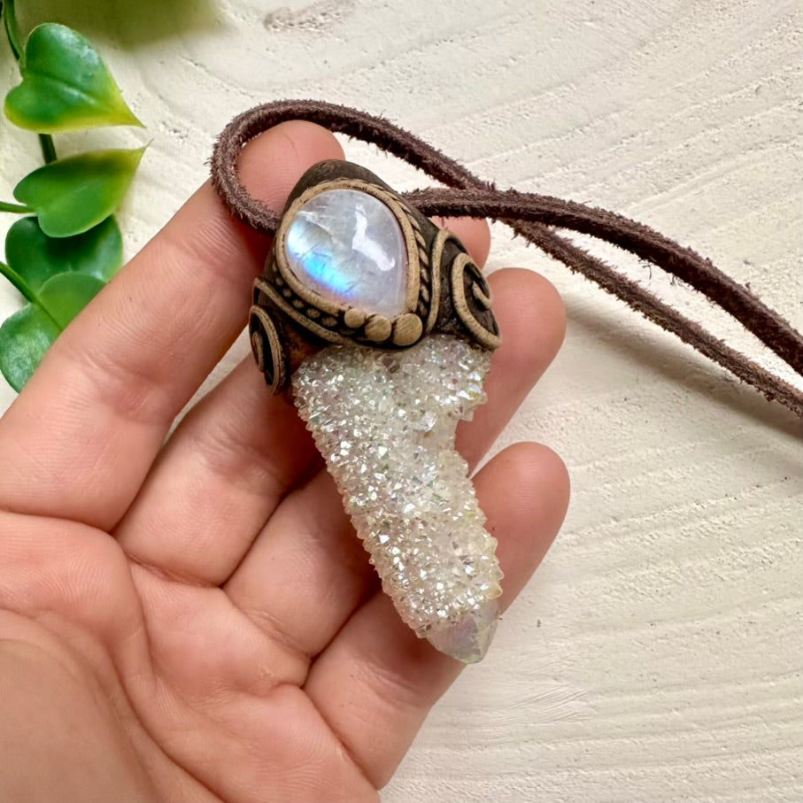 Handmade necklace with Angel Aura Spirit Quartz and Rainbow Moonstone