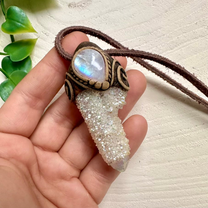 Handmade necklace with Angel Aura Spirit Quartz and Rainbow Moonstone