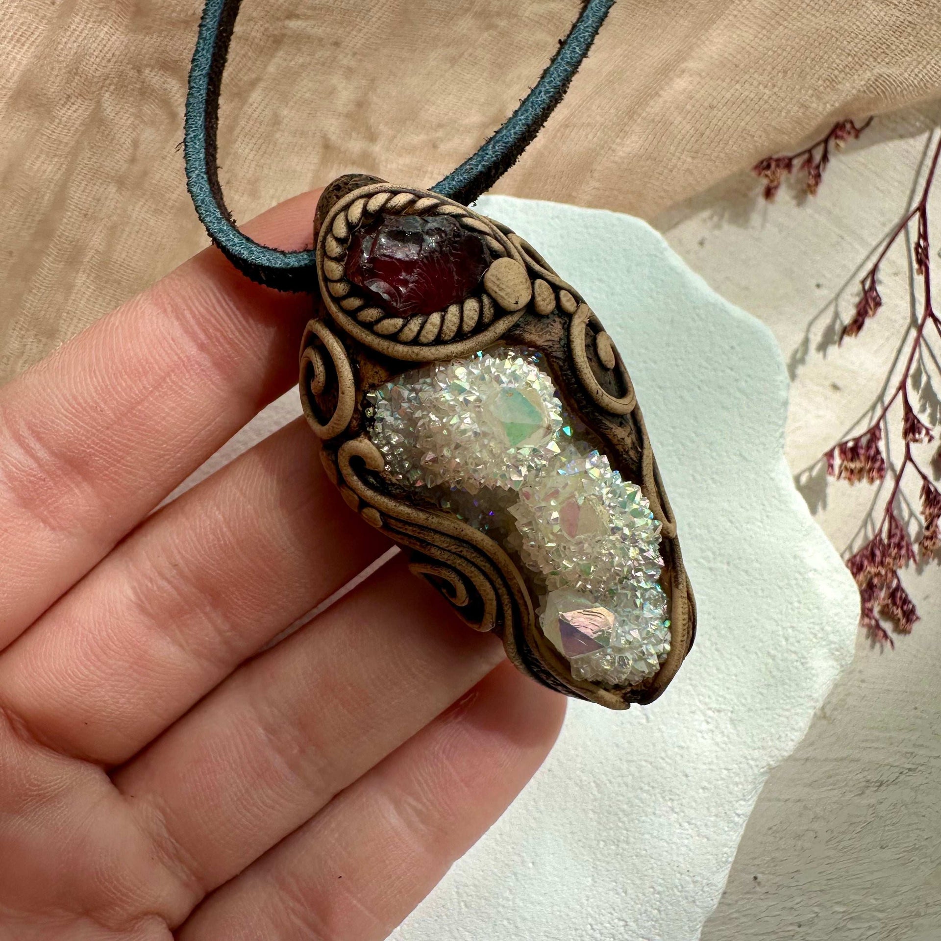 Angel Aura Spirit Quartz and Red Garnet Pendant Necklace - FairyGardenGlow