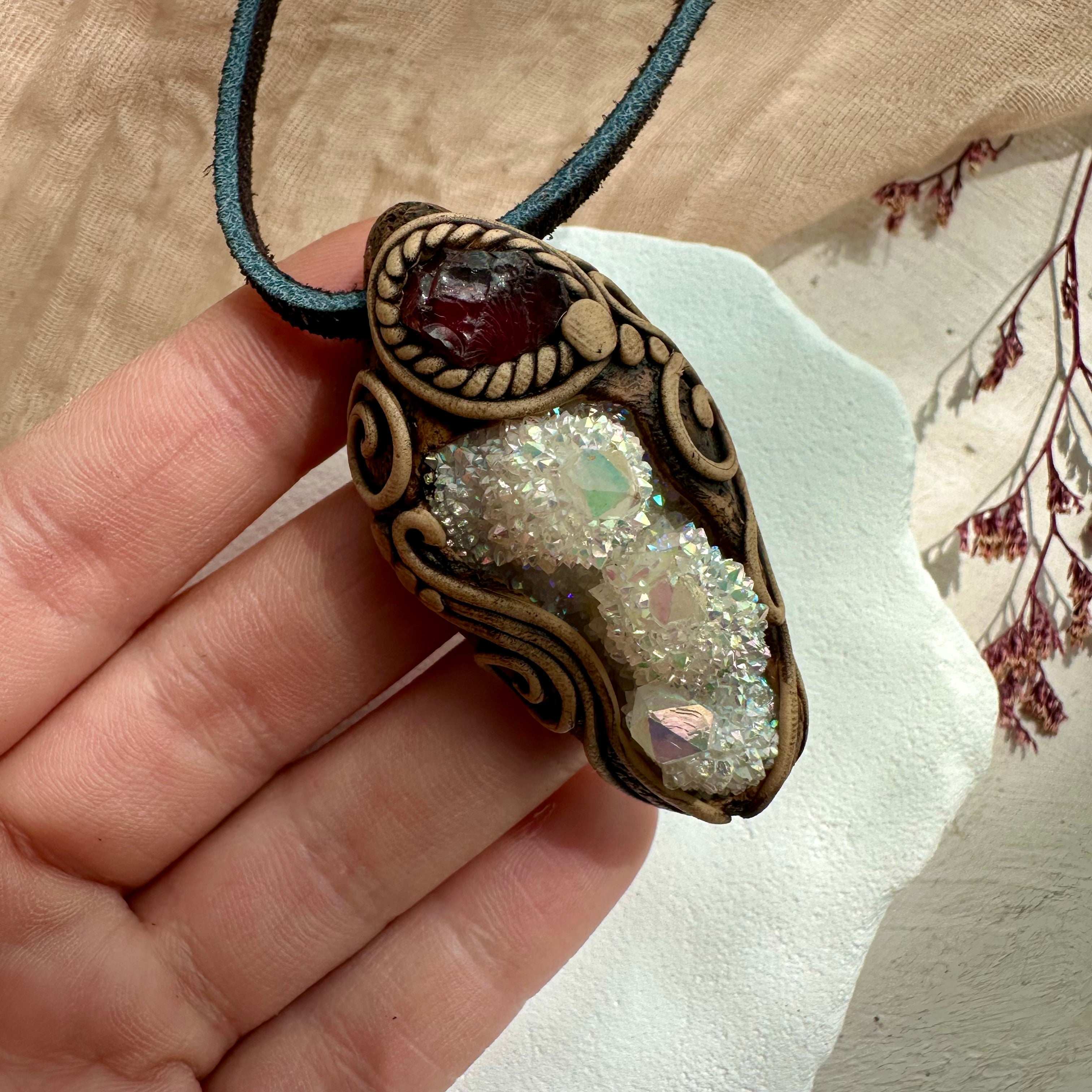 Angel Aura Spirit Quartz and Red Garnet Pendant Necklace - FairyGardenGlow