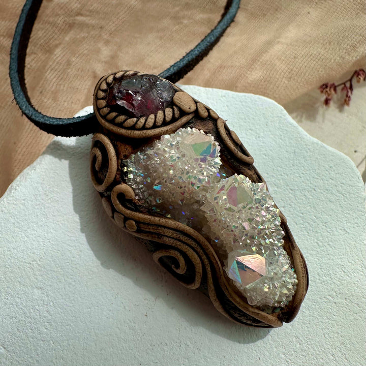 Angel Aura Spirit Quartz and Red Garnet Pendant Necklace - FairyGardenGlow
