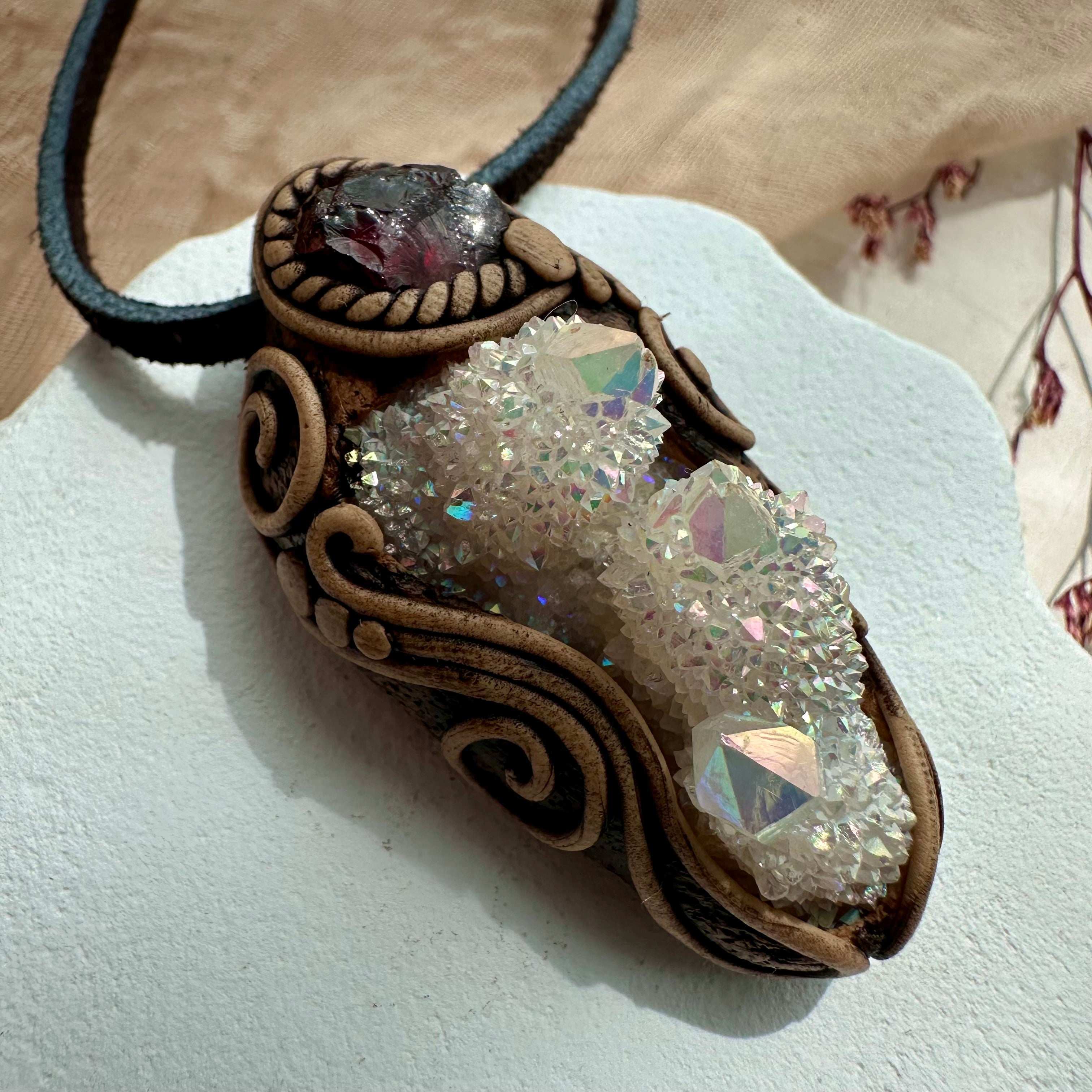 Angel Aura Spirit Quartz and Red Garnet Pendant Necklace - FairyGardenGlow