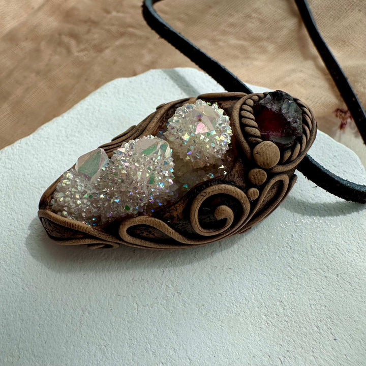 Angel Aura Spirit Quartz and Red Garnet Pendant Necklace - FairyGardenGlow