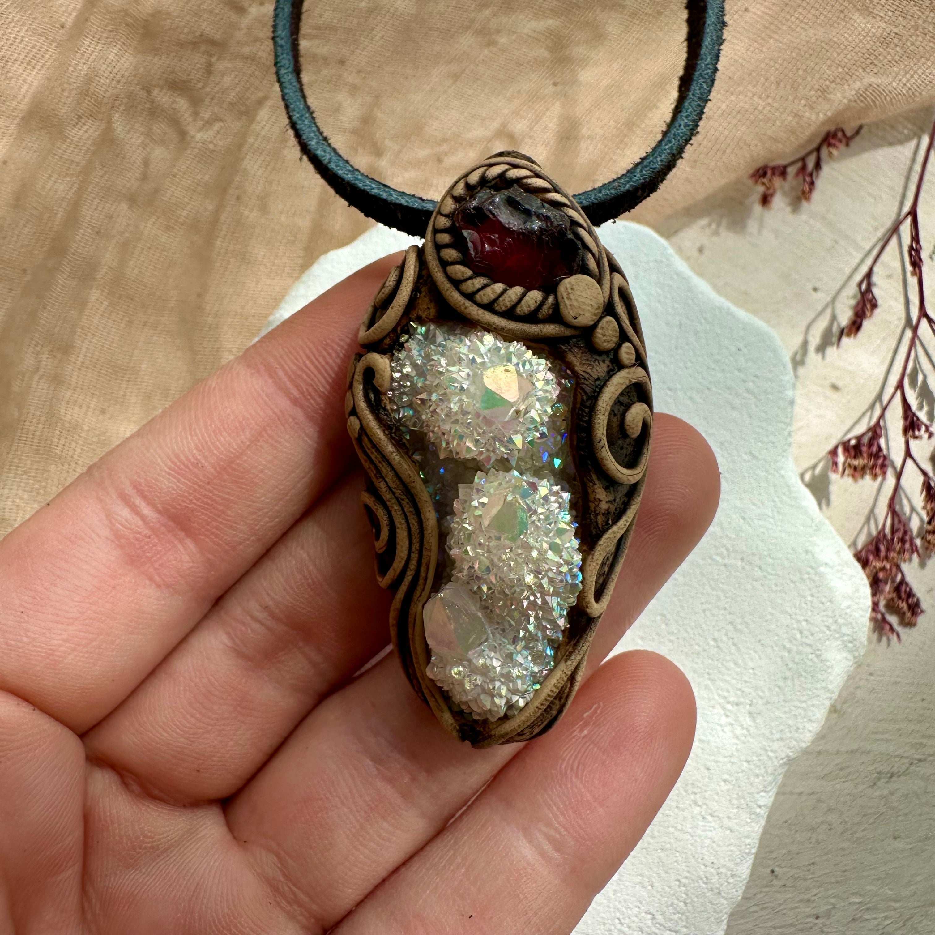 Angel Aura Spirit Quartz and Red Garnet Pendant Necklace - FairyGardenGlow