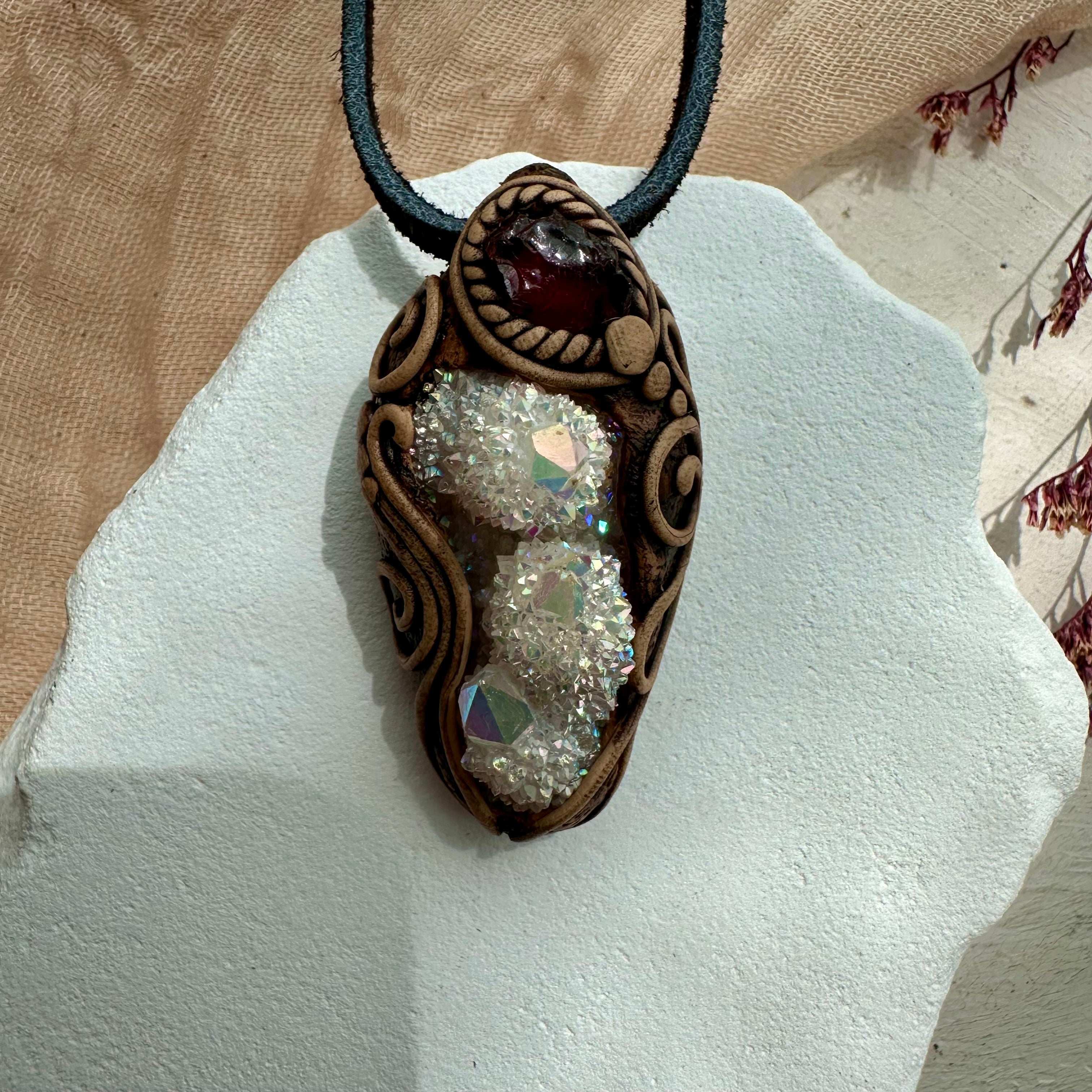 Angel Aura Spirit Quartz and Red Garnet Pendant Necklace - FairyGardenGlow