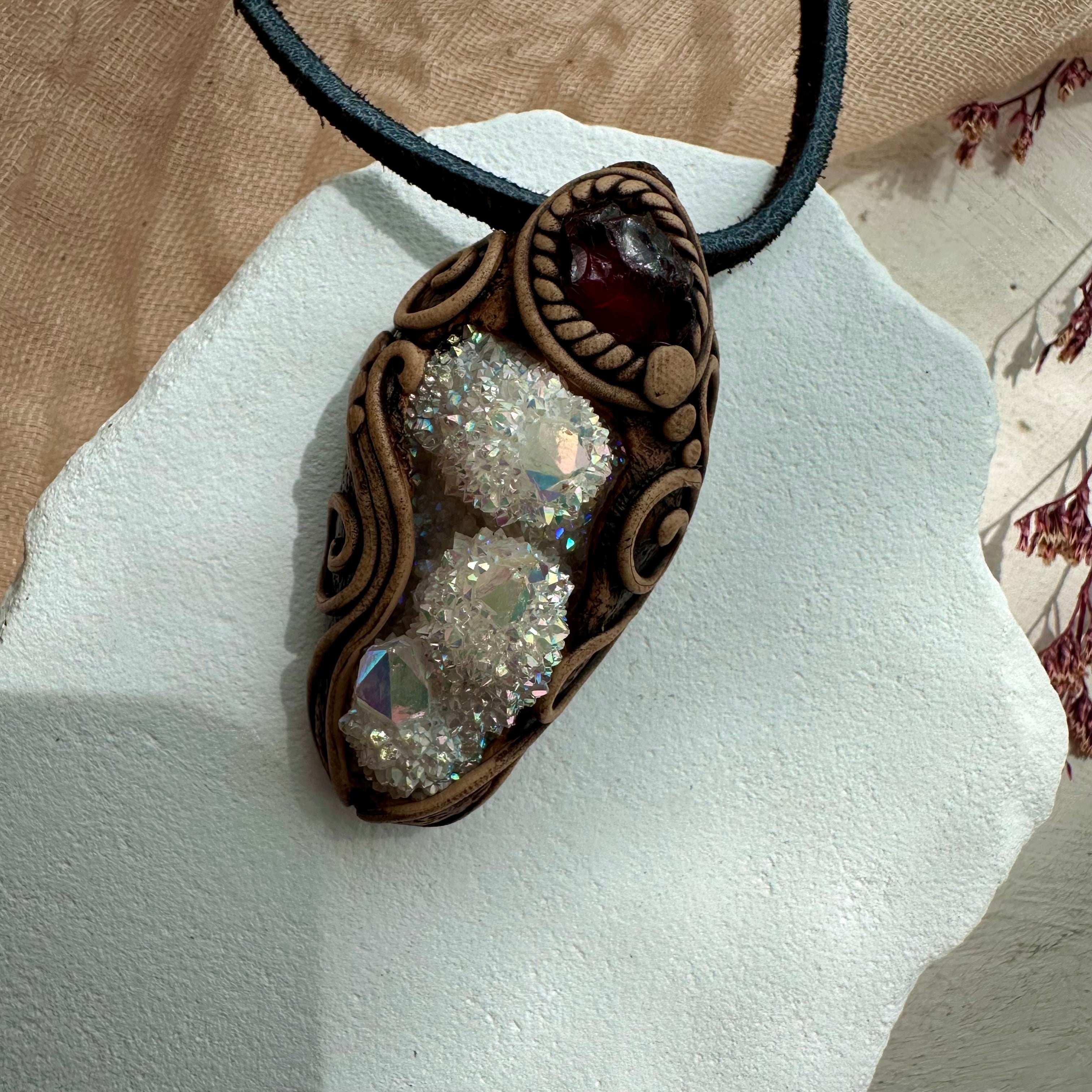 Angel Aura Spirit Quartz and Red Garnet Pendant Necklace - FairyGardenGlow
