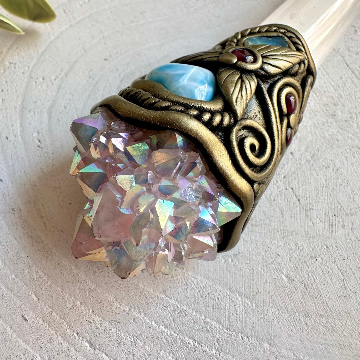 Handmade metaphysical healing tool with natural Selenite, Ethiopian Opal and shimmering crystals.